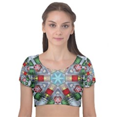 Geometric Symmetrical Symmetry Data Futuristic Velvet Short Sleeve Crop Top  by Ravend