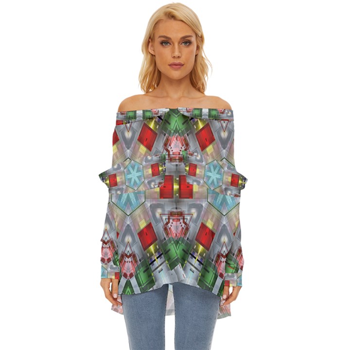 Geometric Symmetrical Symmetry Data Futuristic Off Shoulder Chiffon Pocket Shirt