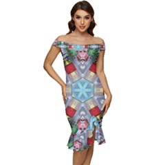 Geometric Symmetrical Symmetry Data Futuristic Off Shoulder Ruffle Split Hem Bodycon Dress