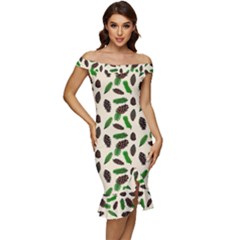 Background Ornamental Spruce Sample Off Shoulder Ruffle Split Hem Bodycon Dress