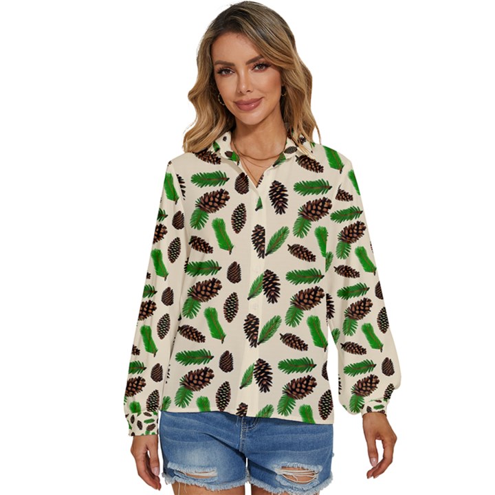 Background Ornamental Spruce Sample Women s Long Sleeve Button Down Shirt