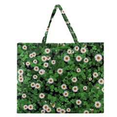 Daisies Clovers Lawn Digital Drawing Background Zipper Large Tote Bag by Ravend