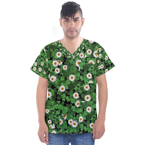 Daisies Clovers Lawn Digital Drawing Background Men s V-neck Scrub Top by Ravend