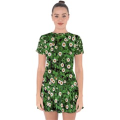 Daisies Clovers Lawn Digital Drawing Background Drop Hem Mini Chiffon Dress by Ravend