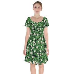 Daisies Clovers Lawn Digital Drawing Background Short Sleeve Bardot Dress by Ravend