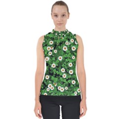 Daisies Clovers Lawn Digital Drawing Background Mock Neck Shell Top by Ravend