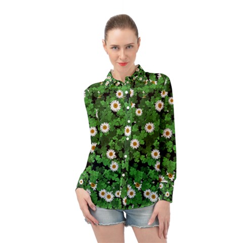 Daisies Clovers Lawn Digital Drawing Background Long Sleeve Chiffon Shirt by Ravend