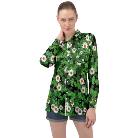 Daisies Clovers Lawn Digital Drawing Background Long Sleeve Satin Shirt by Ravend