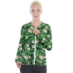 Daisies Clovers Lawn Digital Drawing Background Casual Zip Up Jacket by Ravend