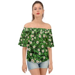 Daisies Clovers Lawn Digital Drawing Background Off Shoulder Short Sleeve Top by Ravend