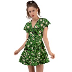 Daisies Clovers Lawn Digital Drawing Background Flutter Sleeve Wrap Dress by Ravend