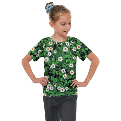 Daisies Clovers Lawn Digital Drawing Background Kids  Mesh Piece Tee by Ravend