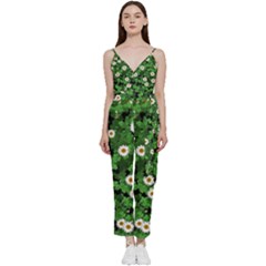 Daisies Clovers Lawn Digital Drawing Background V-neck Spaghetti Strap Tie Front Jumpsuit