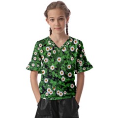 Daisies Clovers Lawn Digital Drawing Background Kids  V-neck Horn Sleeve Blouse by Ravend