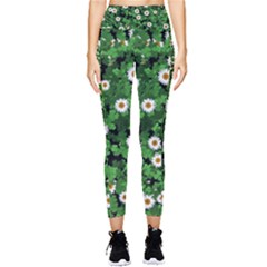 Daisies Clovers Lawn Digital Drawing Background Pocket Leggings  by Ravend