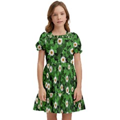 Daisies Clovers Lawn Digital Drawing Background Kids  Puff Sleeved Dress by Ravend