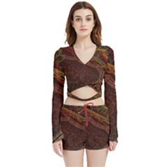 Fractal Pattern Geometric Pattern Disintegration Velvet Wrap Crop Top And Shorts Set by Ravend