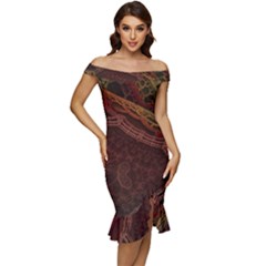 Fractal Pattern Geometric Pattern Disintegration Off Shoulder Ruffle Split Hem Bodycon Dress