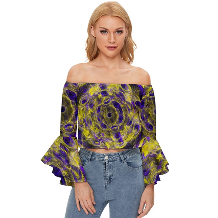 Fractal Glowing Kaleidoscope Off Shoulder Flutter Bell Sleeve Top