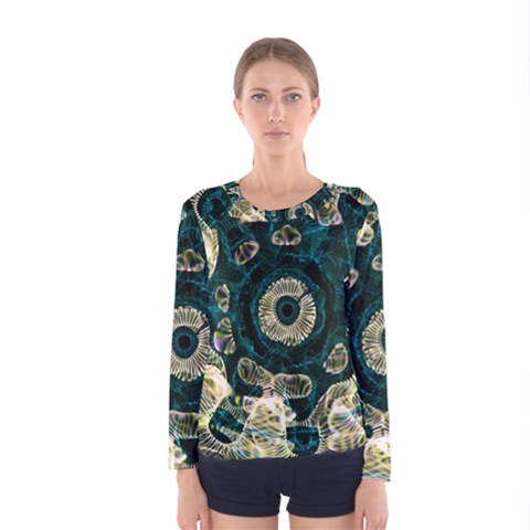 Fractal Glowing Kaleidoscope Wallpaper Art Design Women s Long Sleeve Tee by Ravend