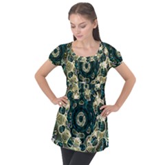 Fractal Glowing Kaleidoscope Wallpaper Art Design Puff Sleeve Tunic Top by Ravend