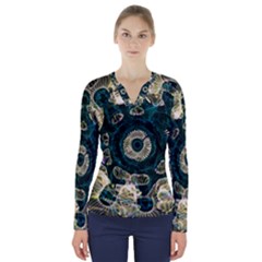 Fractal Glowing Kaleidoscope Wallpaper Art Design V-neck Long Sleeve Top by Ravend