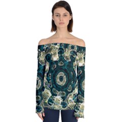 Fractal Glowing Kaleidoscope Wallpaper Art Design Off Shoulder Long Sleeve Top by Ravend