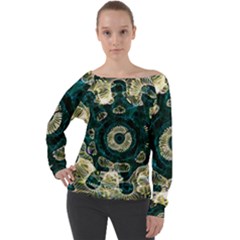 Fractal Glowing Kaleidoscope Wallpaper Art Design Off Shoulder Long Sleeve Velour Top by Ravend