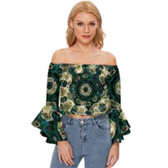 Fractal Glowing Kaleidoscope Wallpaper Art Design Off Shoulder Flutter Bell Sleeve Top by Ravend