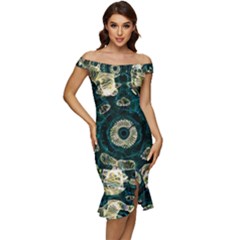 Fractal Glowing Kaleidoscope Wallpaper Art Design Off Shoulder Ruffle Split Hem Bodycon Dress