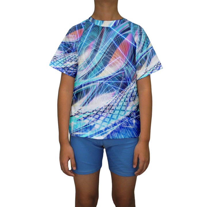 Background Neon Geometric Cubes Colorful Lights Kids  Short Sleeve Swimwear