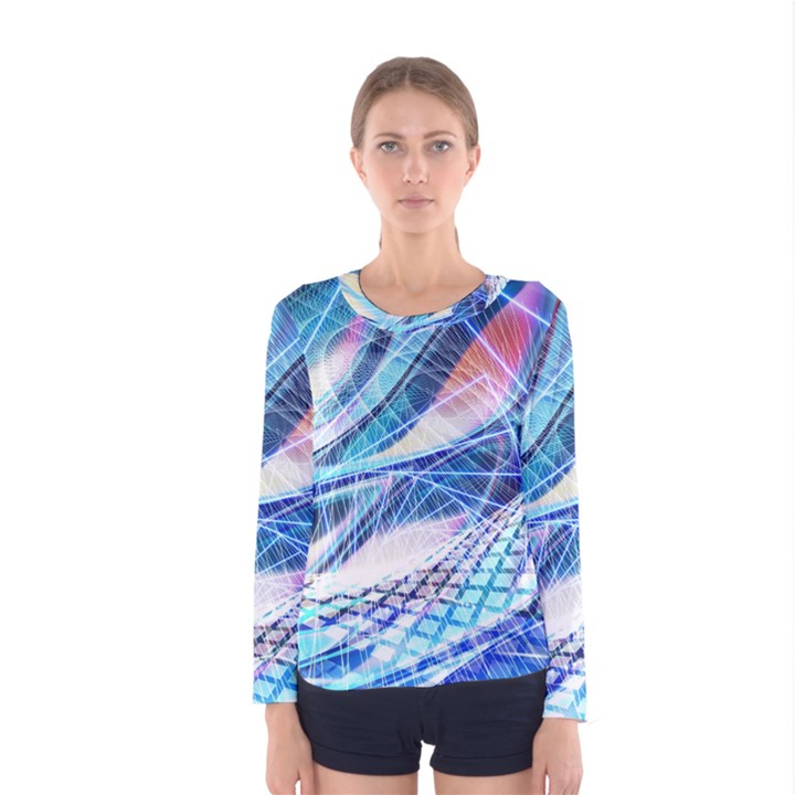 Background Neon Geometric Cubes Colorful Lights Women s Long Sleeve Tee