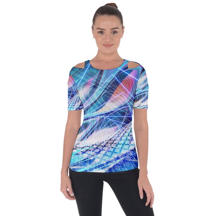 Background Neon Geometric Cubes Colorful Lights Shoulder Cut Out Short Sleeve Top