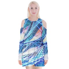 Background Neon Geometric Cubes Colorful Lights Velvet Long Sleeve Shoulder Cutout Dress