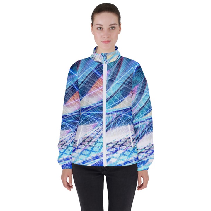 Background Neon Geometric Cubes Colorful Lights Women s High Neck Windbreaker