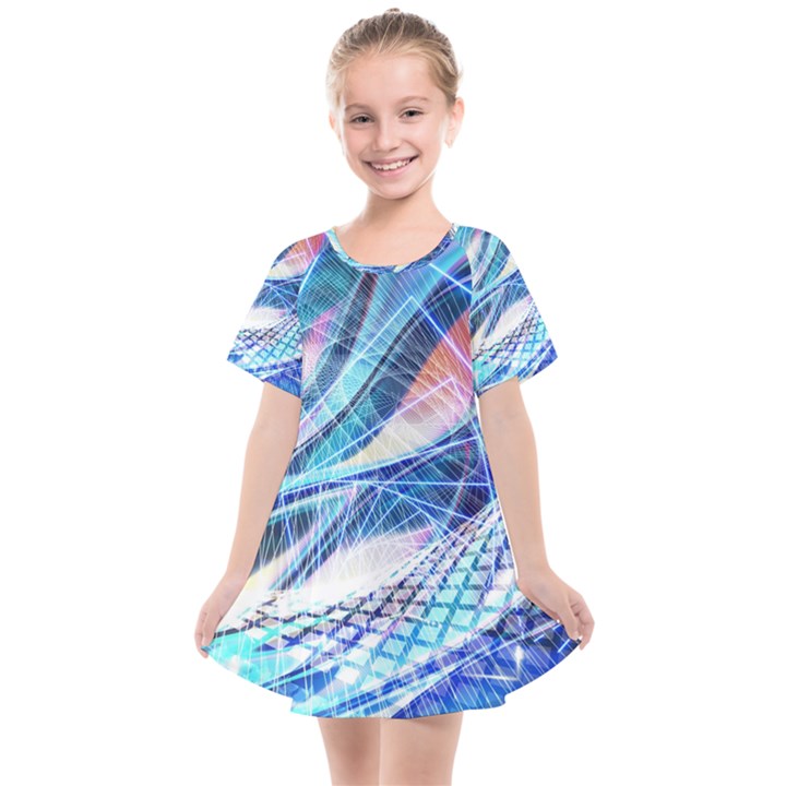 Background Neon Geometric Cubes Colorful Lights Kids  Smock Dress