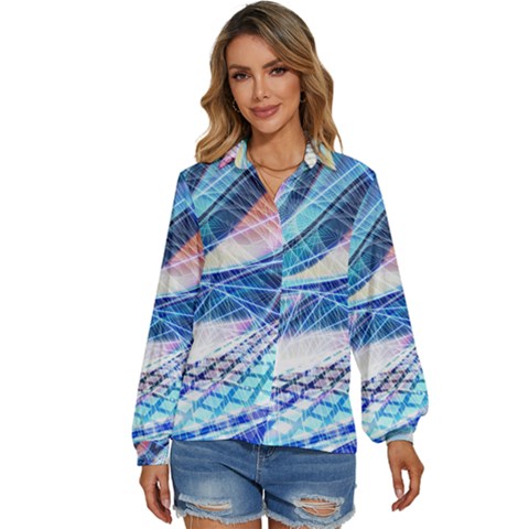 Background Neon Geometric Cubes Colorful Lights Women s Long Sleeve Button Down Shirt by Ravend