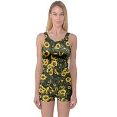 Sunflowers Yellow Flowers Flowers Digital Drawing One Piece Boyleg Swimsuit by Ravend