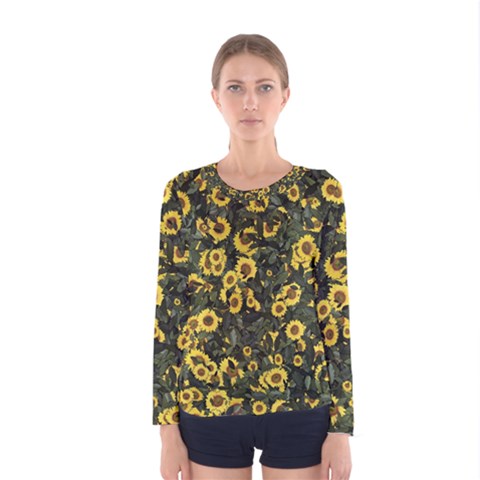 Sunflowers Yellow Flowers Flowers Digital Drawing Women s Long Sleeve Tee by Ravend