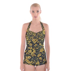 Sunflowers Yellow Flowers Flowers Digital Drawing Boyleg Halter Swimsuit  by Ravend