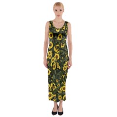 Sunflowers Yellow Flowers Flowers Digital Drawing Fitted Maxi Dress by Ravend