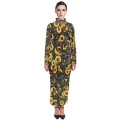 Sunflowers Yellow Flowers Flowers Digital Drawing Turtleneck Maxi Dress by Ravend