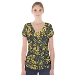 Sunflowers Yellow Flowers Flowers Digital Drawing Short Sleeve Front Detail Top by Ravend