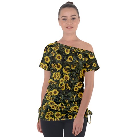 Sunflowers Yellow Flowers Flowers Digital Drawing Off Shoulder Tie-up Tee by Ravend