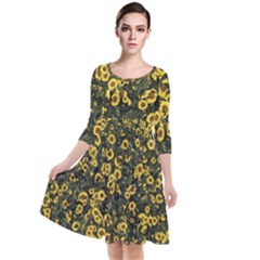 Sunflowers Yellow Flowers Flowers Digital Drawing Quarter Sleeve Waist Band Dress by Ravend