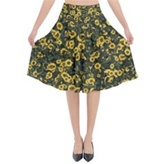 Sunflowers Yellow Flowers Flowers Digital Drawing Flared Midi Skirt by Ravend