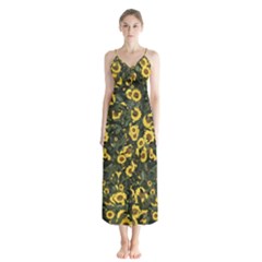 Sunflowers Yellow Flowers Flowers Digital Drawing Button Up Chiffon Maxi Dress by Ravend