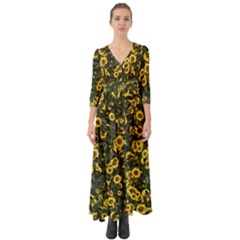 Sunflowers Yellow Flowers Flowers Digital Drawing Button Up Boho Maxi Dress by Ravend