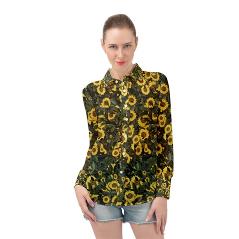 Sunflowers Yellow Flowers Flowers Digital Drawing Long Sleeve Chiffon Shirt by Ravend