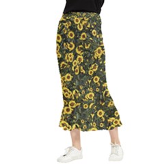 Sunflowers Yellow Flowers Flowers Digital Drawing Maxi Fishtail Chiffon Skirt by Ravend